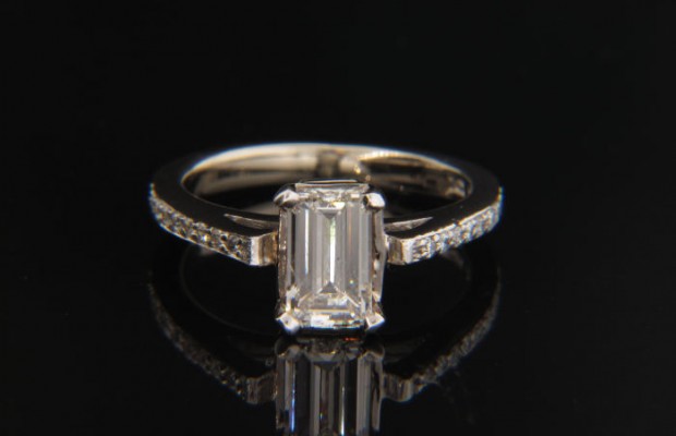 14k White Gold Cathedral Engagement Ring w/ Emerald Cut Diamond